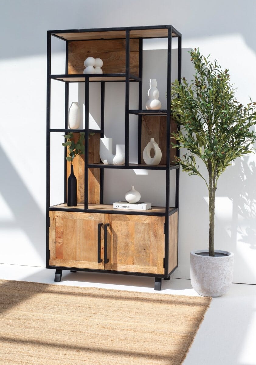 Ardley Industrial Display Mango Wood Cabinet with Shelves Homekode