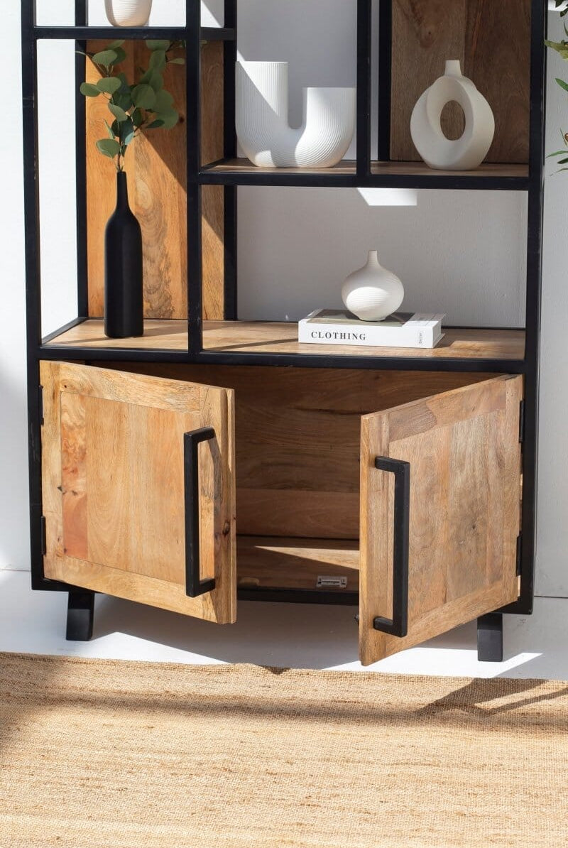 Ardley Industrial Display Mango Wood Cabinet with Shelves Homekode