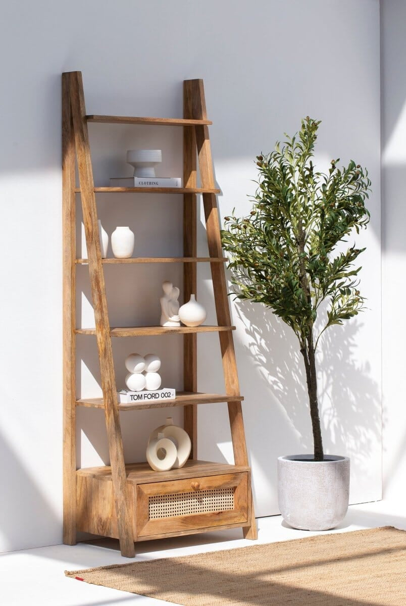 Atwell Wooden Bookcase with Rattan Drawer