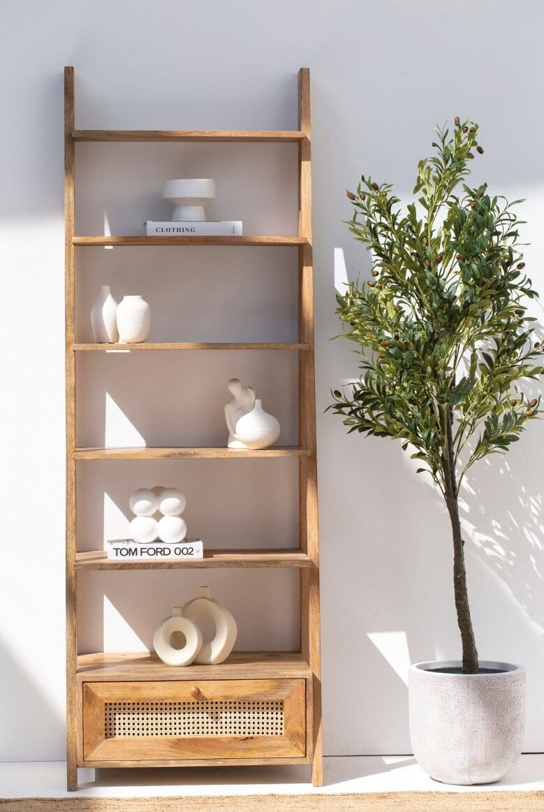 Atwell Wooden Bookcase with Rattan Drawer