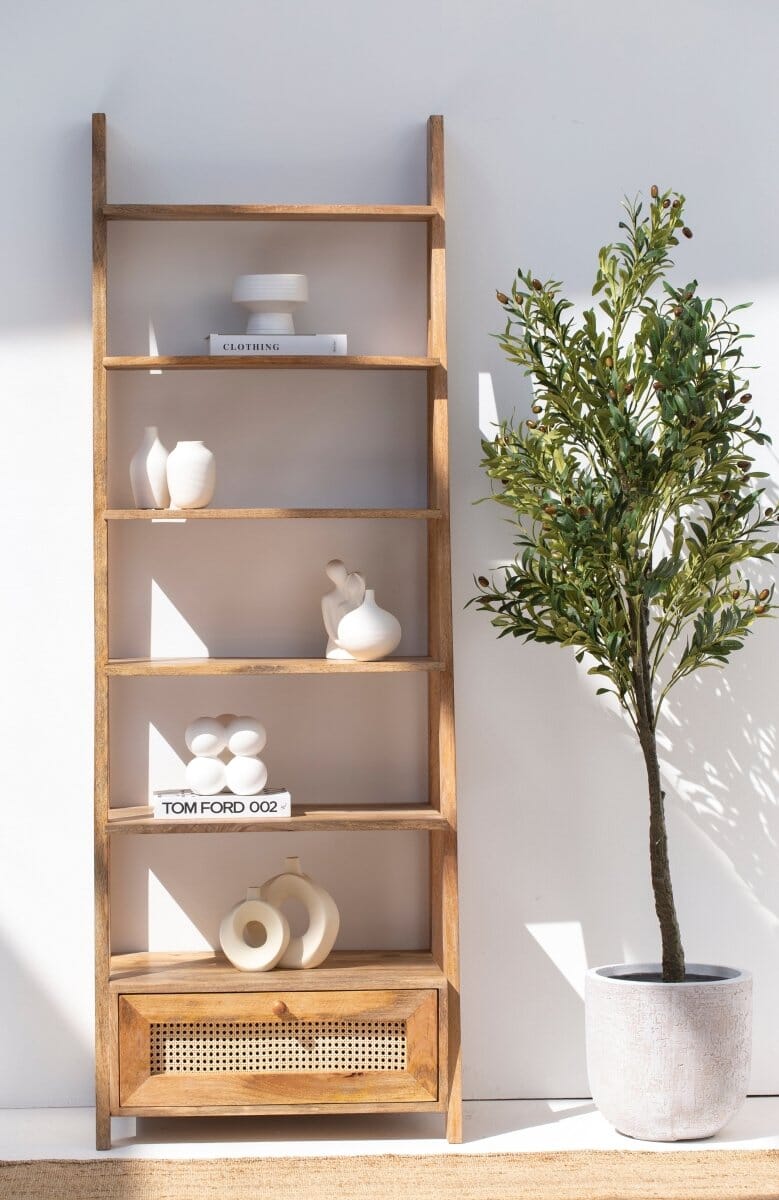 Atwell Wooden Bookcase with Rattan Drawer