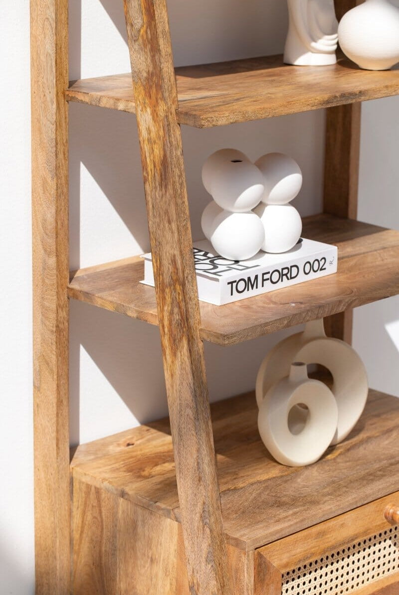 Atwell Wooden Bookcase with Rattan Drawer