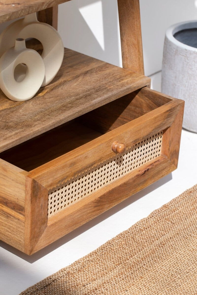 Atwell Wooden Bookcase with Rattan Drawer