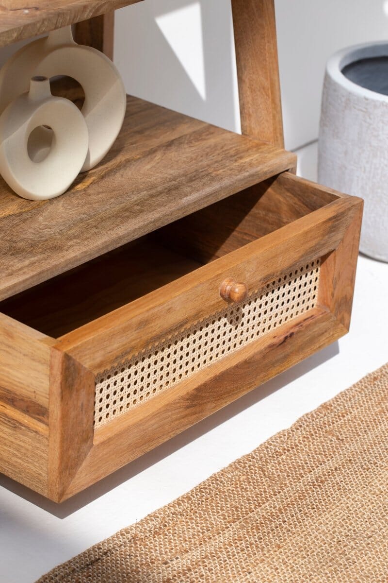 Atwell Wooden Bookcase with Rattan Drawer