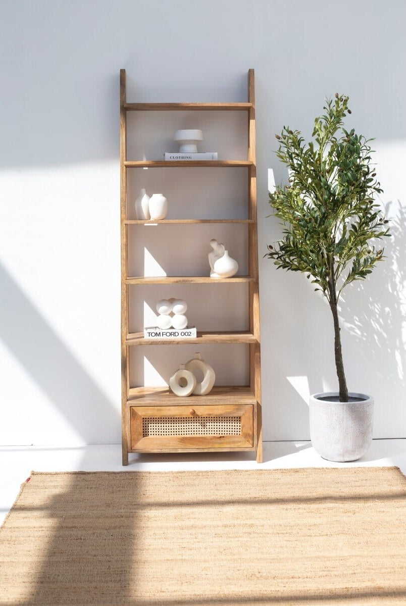 Atwell Wooden Bookcase with Rattan Drawer