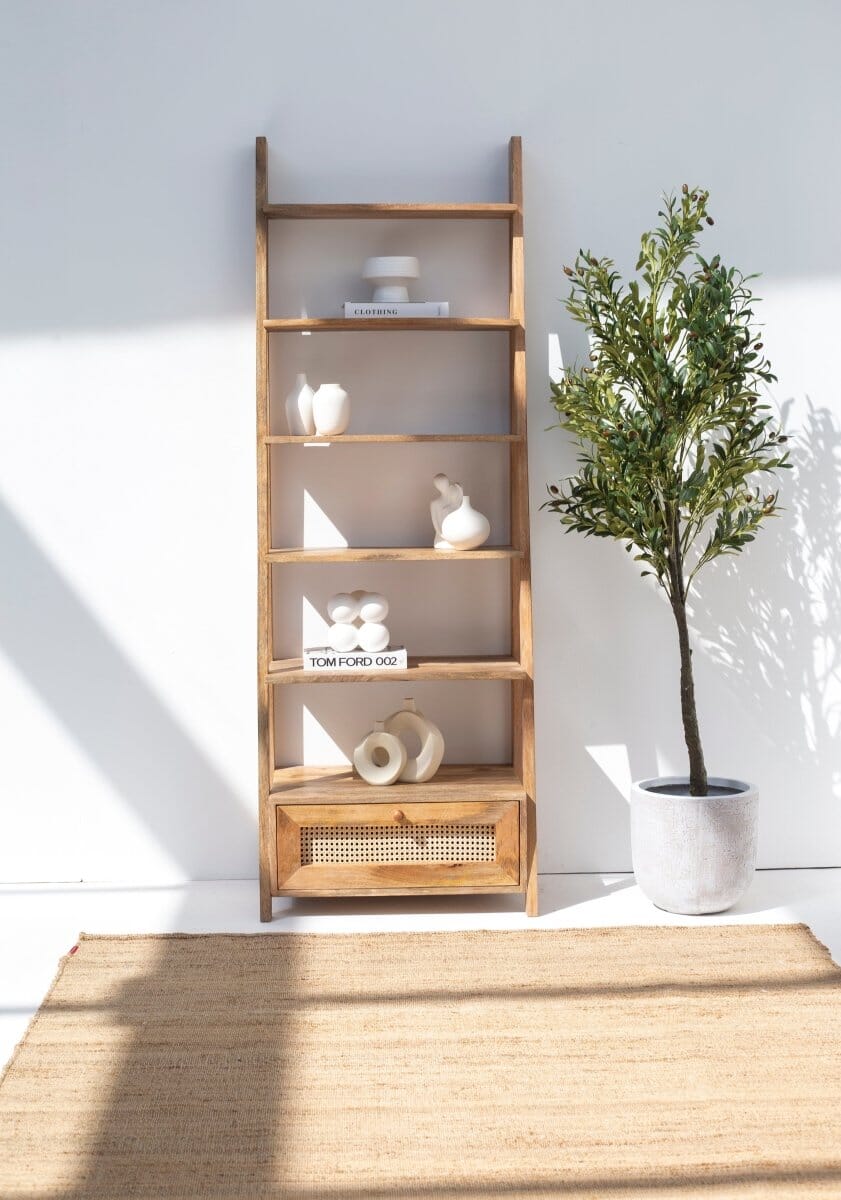 Atwell Wooden Bookcase with Rattan Drawer