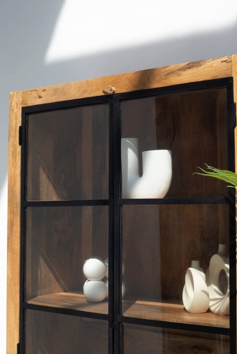 Celeste Industrial Wooden Display Cabinet with Black Metal Doors