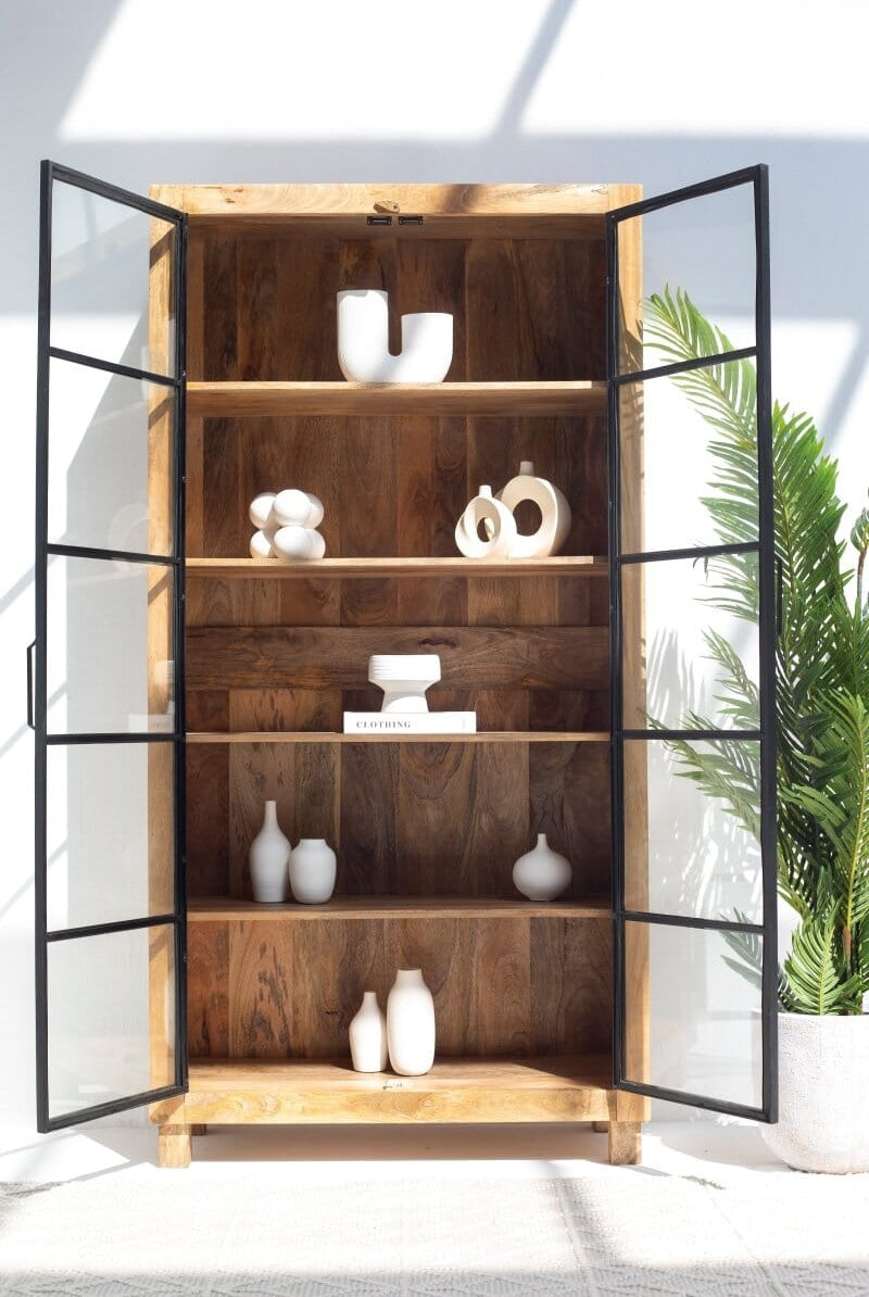 Celeste Industrial Wooden Display Cabinet with Black Metal Doors
