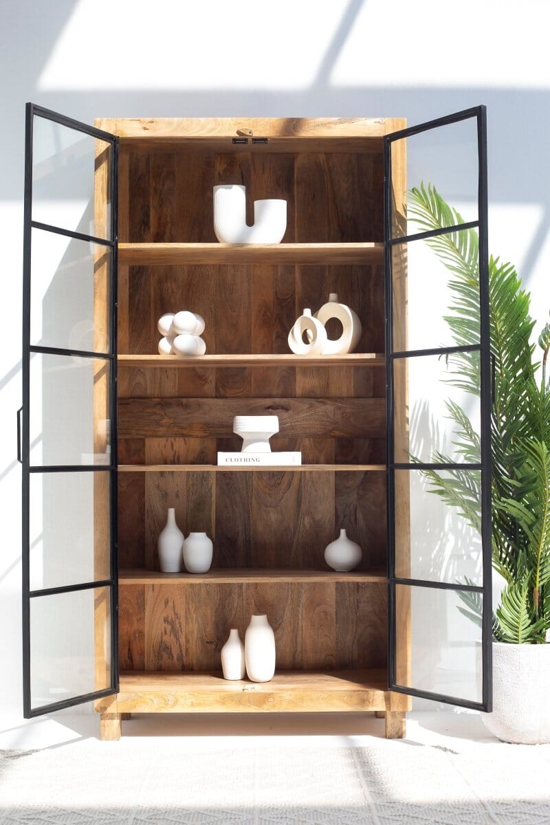 Celeste Industrial Wooden Display Cabinet with Black Metal Doors