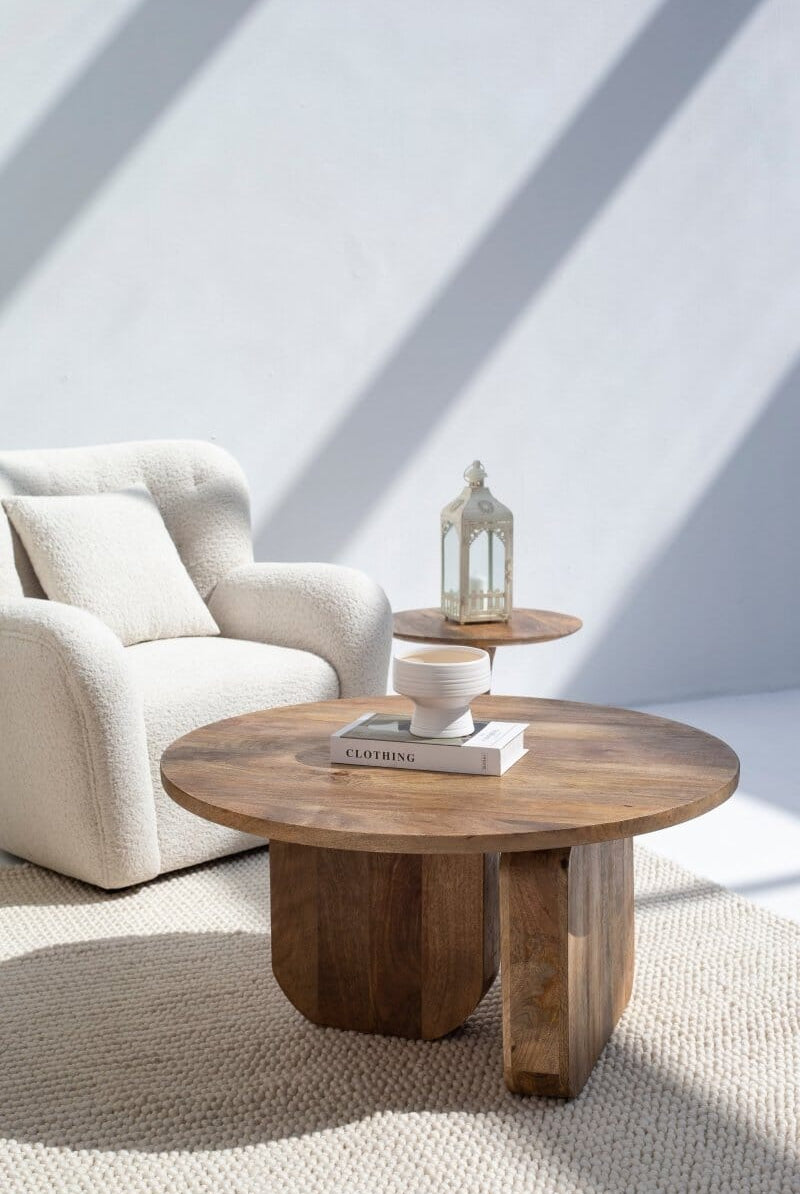 Haldor Wood Round Coffee Table With Cross Legs Coffee Tables