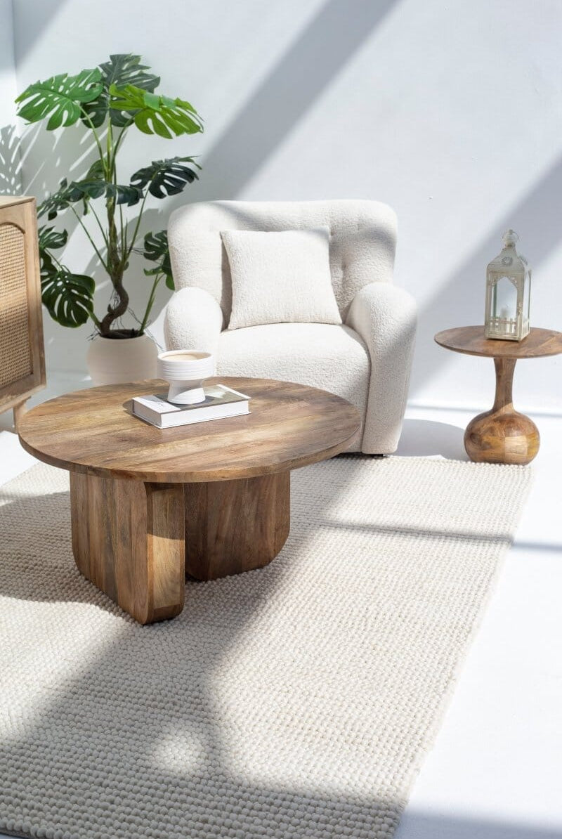 Haldor Wood Round Coffee Table With Cross Legs Coffee Tables