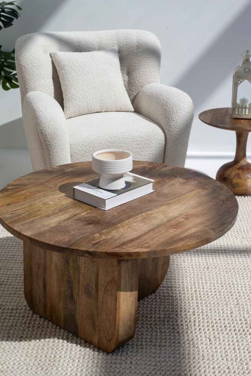 Haldor Wood Round Coffee Table With Cross Legs Coffee Tables