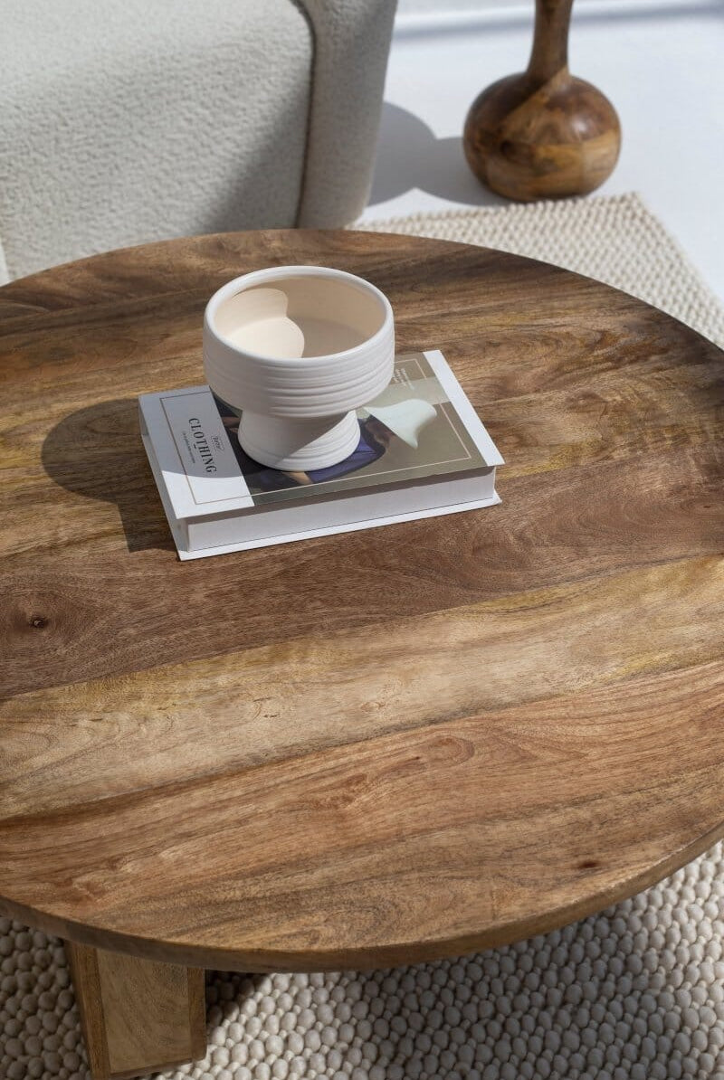 Haldor Wood Round Coffee Table With Cross Legs Coffee Tables