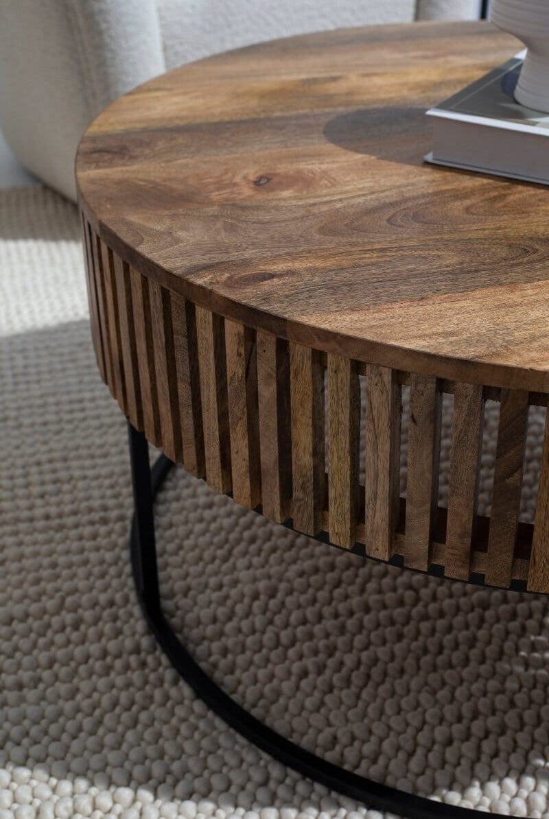 Garcia Wood Round Coffee Table with Black Metal Base Coffee Tables Homekode
