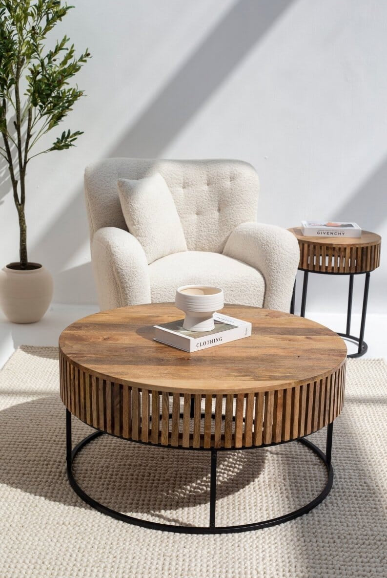 Garcia Wood Round Coffee Table with Black Metal Base Coffee Tables Homekode