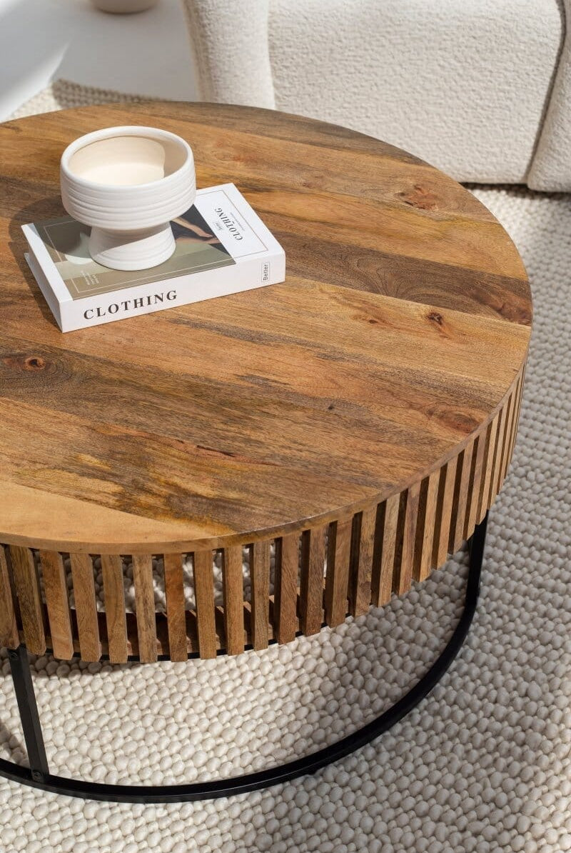 Garcia Wood Round Coffee Table with Black Metal Base Coffee Tables Homekode