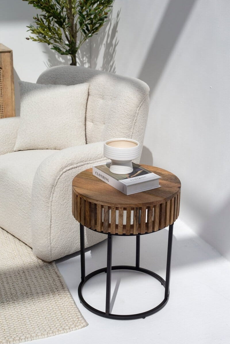 Garcia Wooden Round Side Table With Black Metal Base