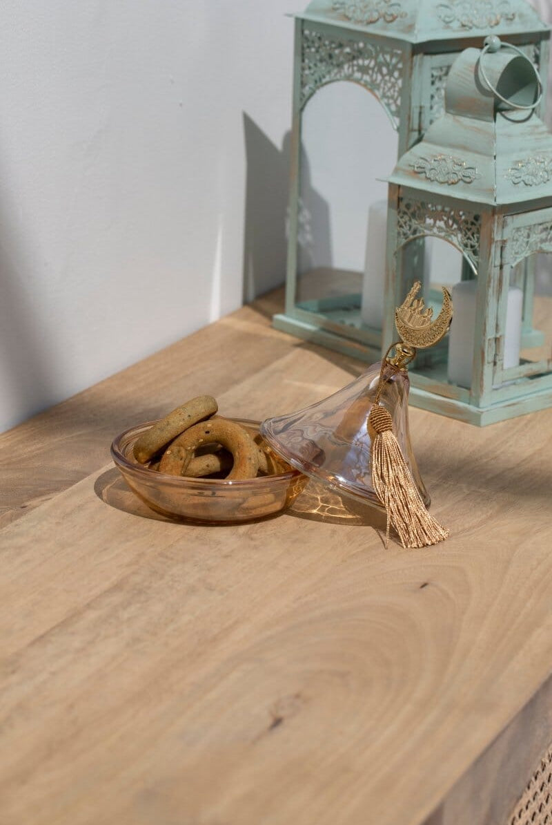 Crescent Light Brown Decorative Tray with Glass Dome Homekode