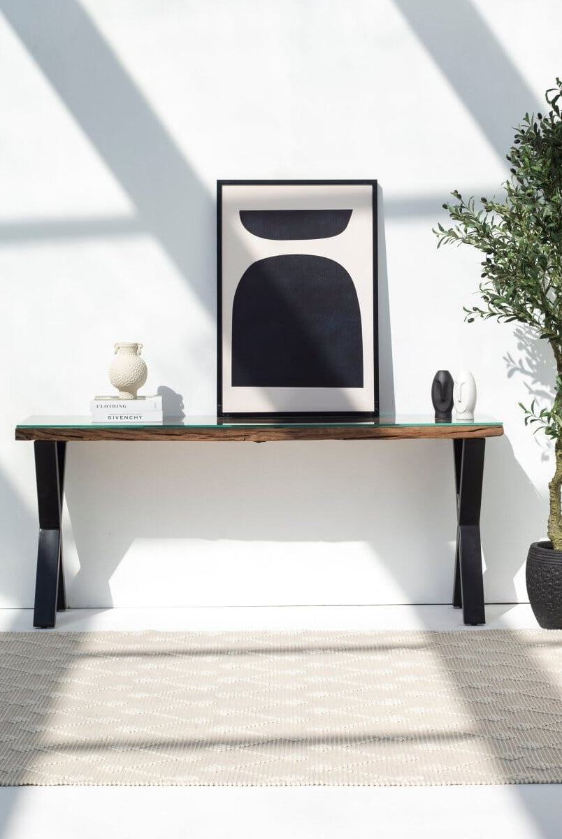 Railway Wood with Glass Top Console Table Homekode