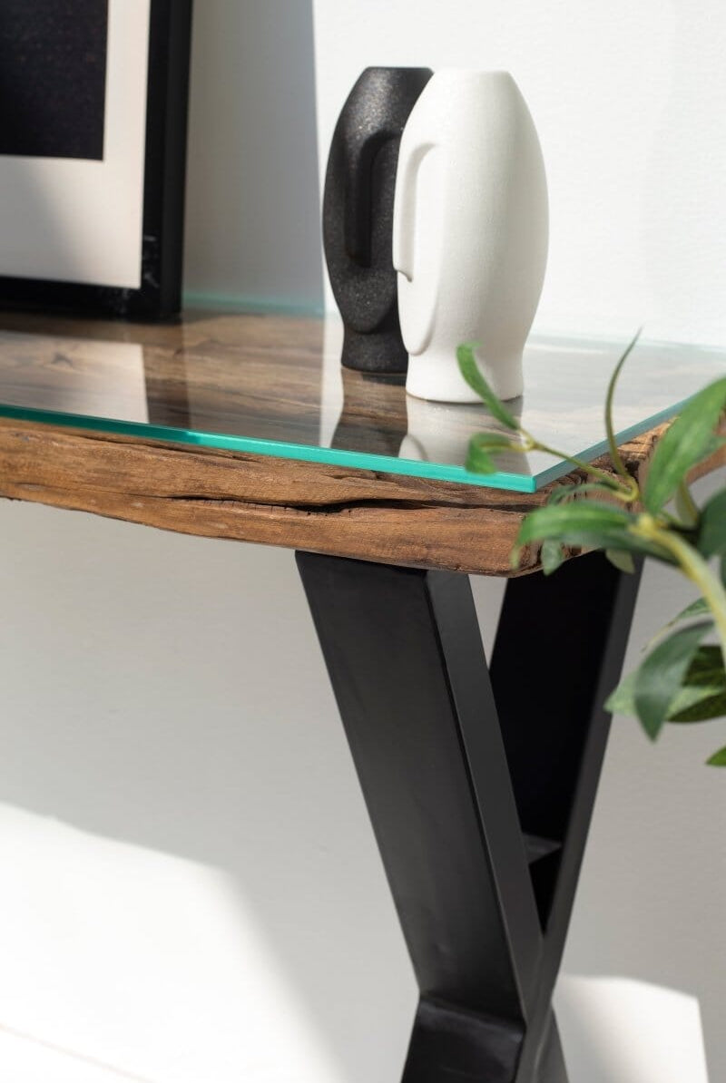 Railway Wood with Glass Top Console Table Homekode