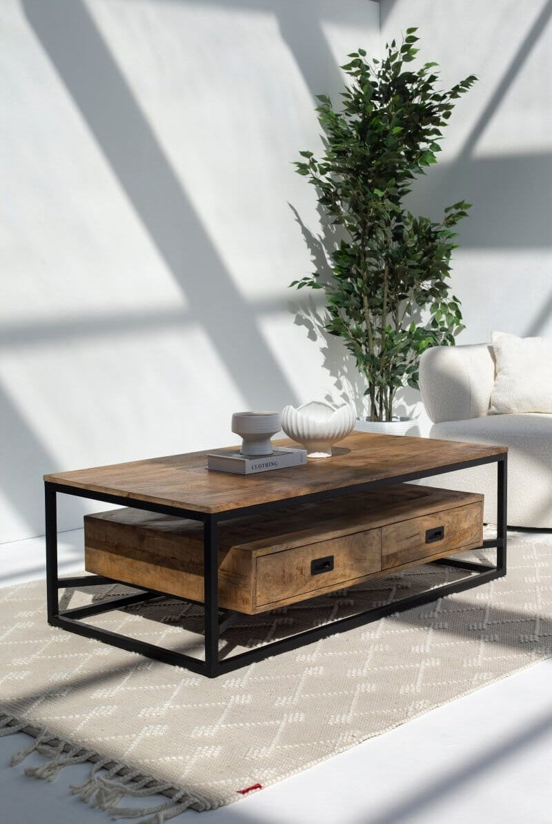 Industrial Mango wood Coffee Table with 2 Drawers (2 sizes)