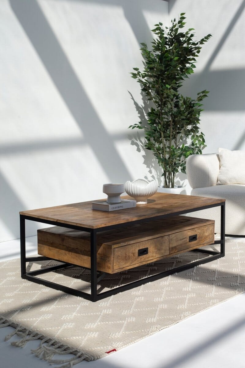 Industrial Mango wood Coffee Table with 2 Drawers (2 sizes)