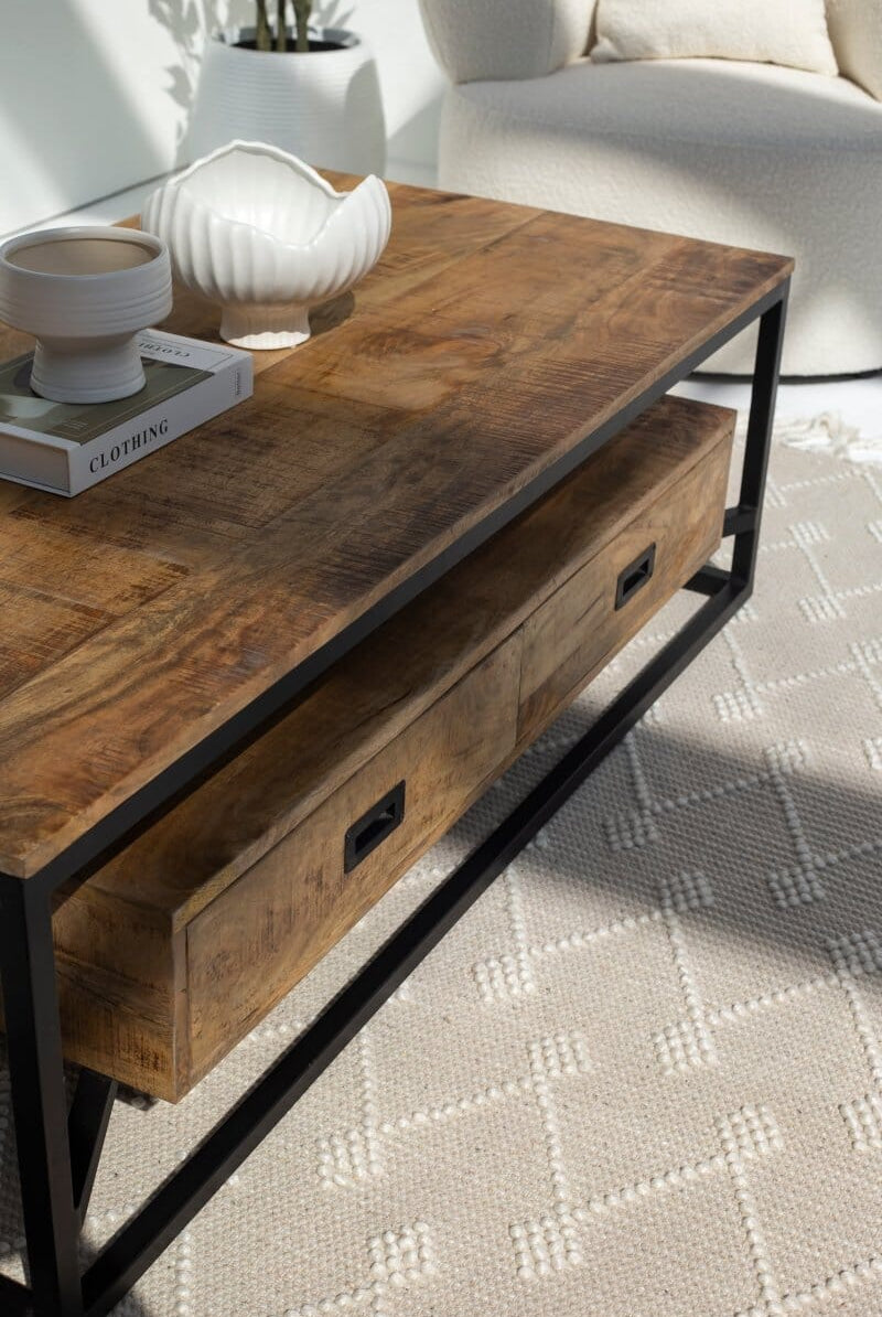 Industrial Mango wood Coffee Table with 2 Drawers (2 sizes)