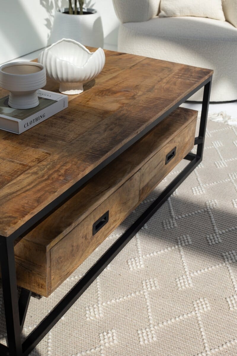 Industrial Mango wood Coffee Table with 2 Drawers (2 sizes)
