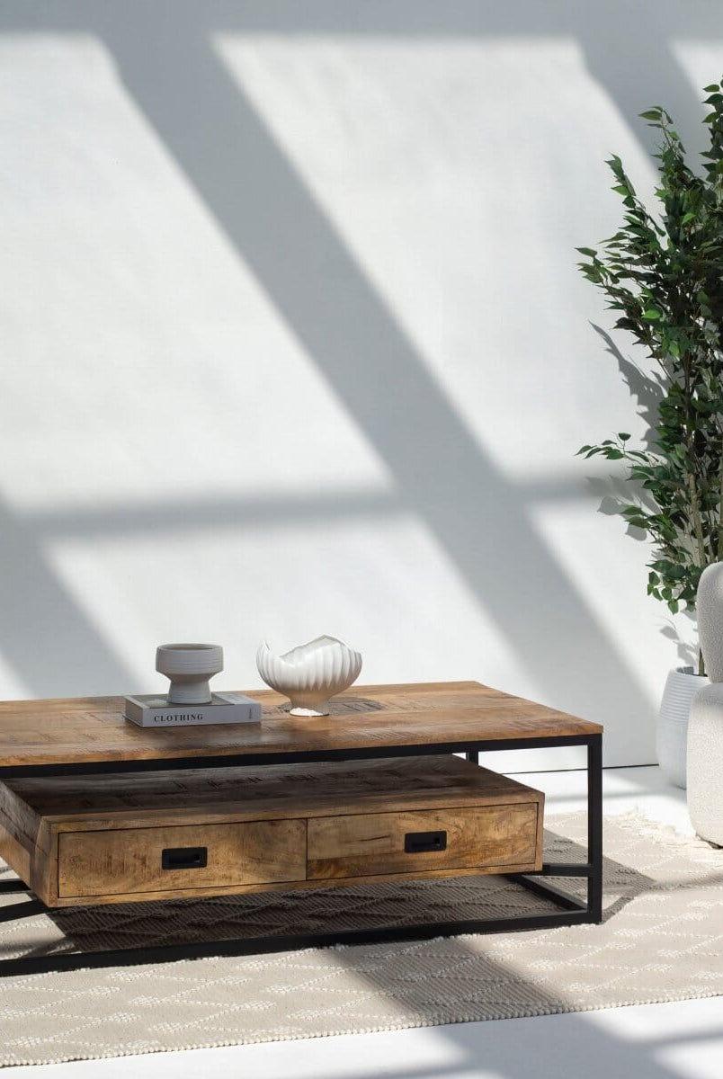 Industrial Mango wood Coffee Table with 2 Drawers (2 sizes)