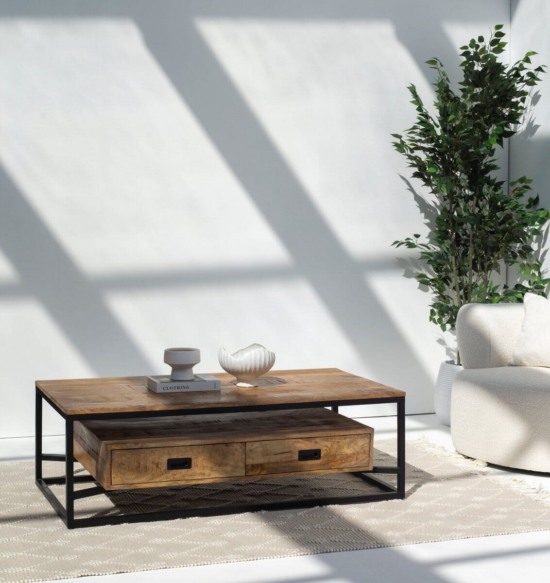 Industrial Mango wood Coffee Table with 2 Drawers (2 sizes)