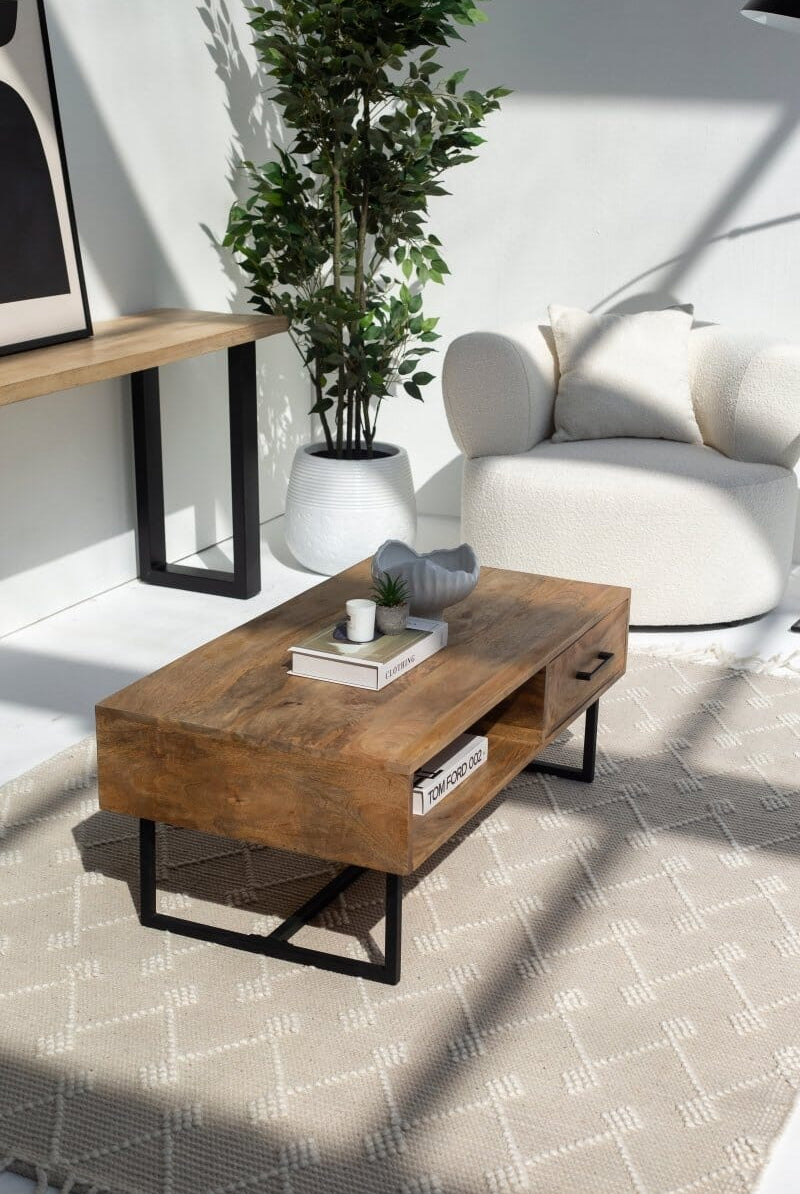 Elona Mango Wood Coffee Table with 1 Drawer & Shelf