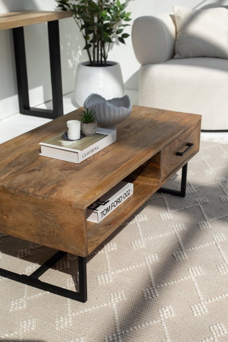 Elona Mango Wood Coffee Table with 1 Drawer & Shelf