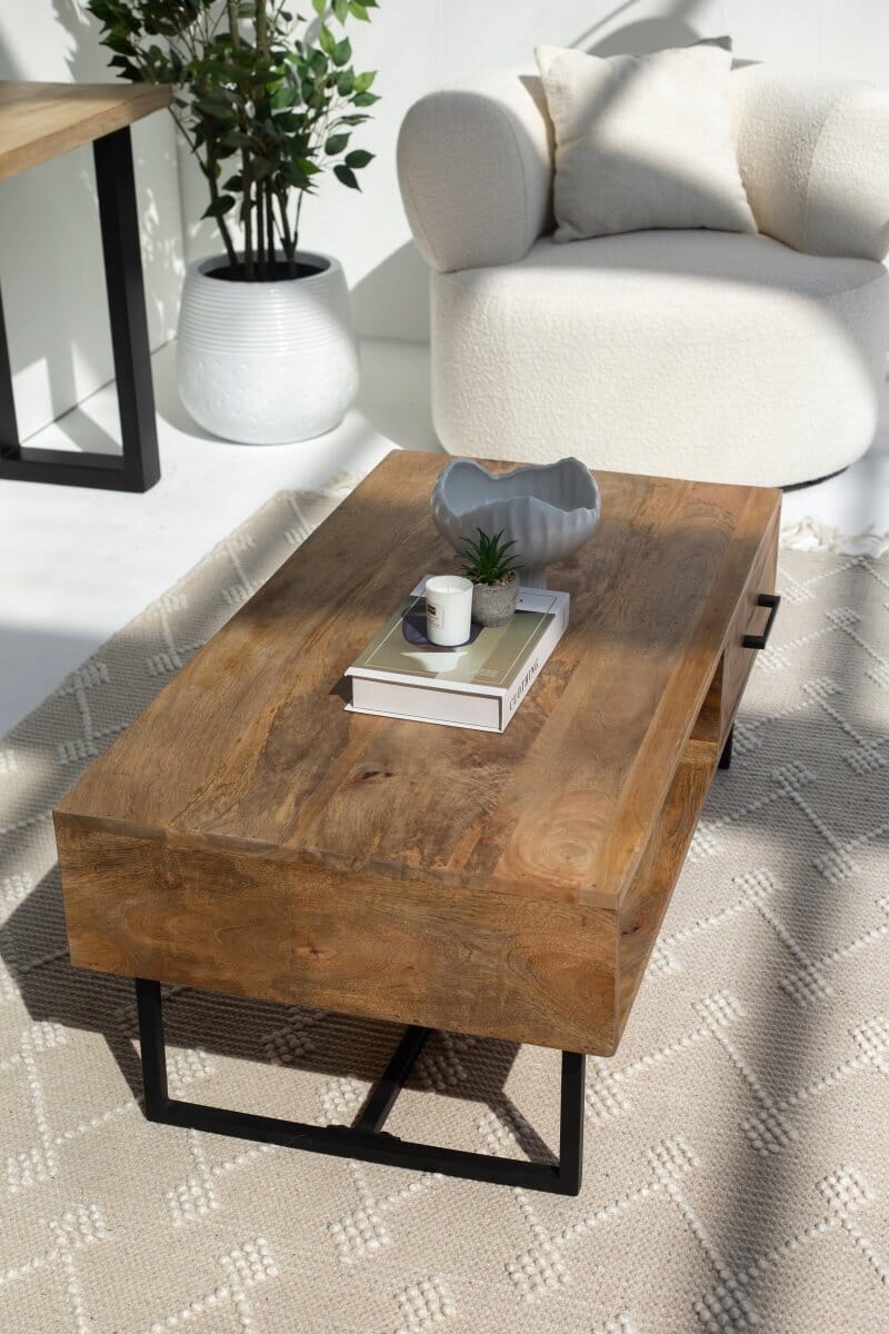 Elona Mango Wood Coffee Table with 1 Drawer & Shelf
