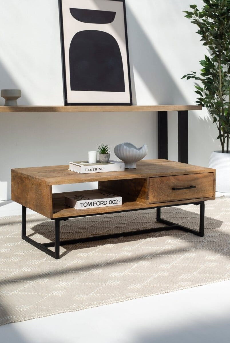 Elona Mango Wood Coffee Table with 1 Drawer & Shelf