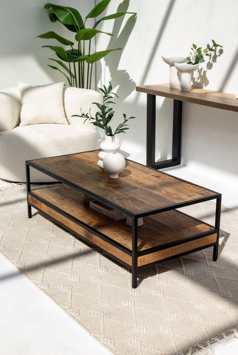 Wooden Two Shelves Rectangular Wooden Coffee Table