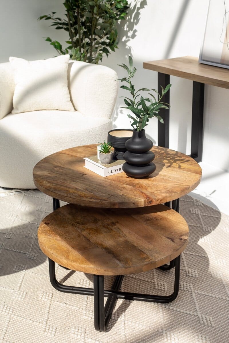 Lennox Round Industrial Wooden Nesting Coffee Table Set