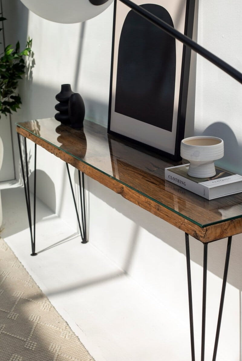 Railway Wood with Glass Top Console Table Homekode