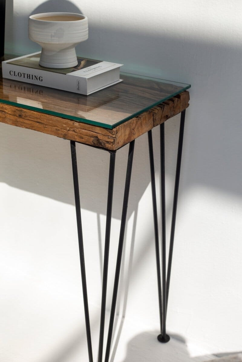 Railway Wood with Glass Top Console Table Homekode
