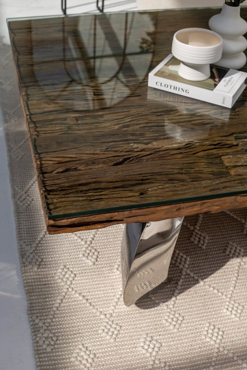 Square Railway Wood Top Coffee Table with Glass Top