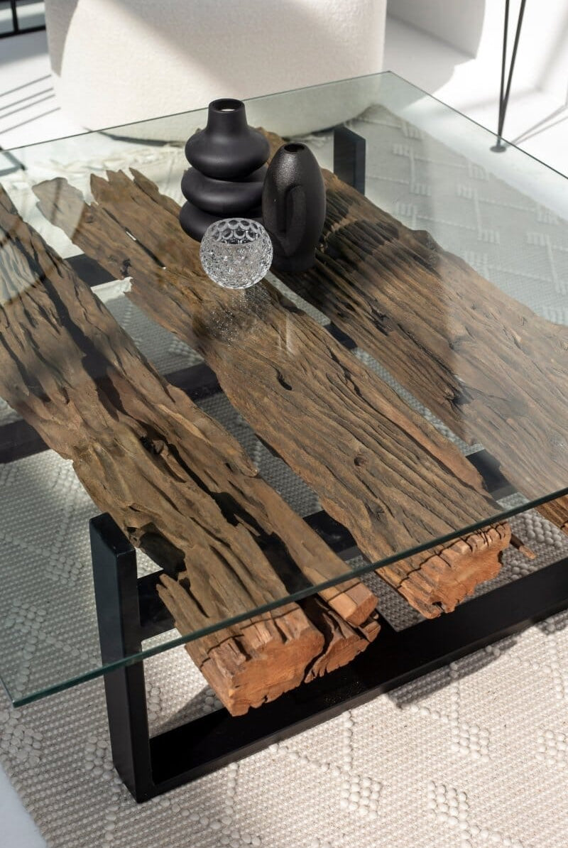 Railway Wood with Glass Top Coffee Table