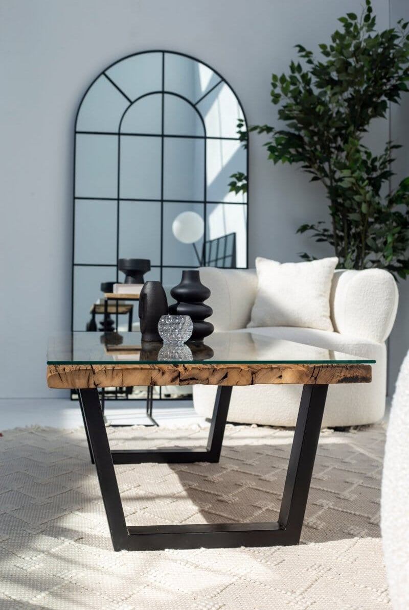 Railway Wood Top Coffee Table with Glass Top
