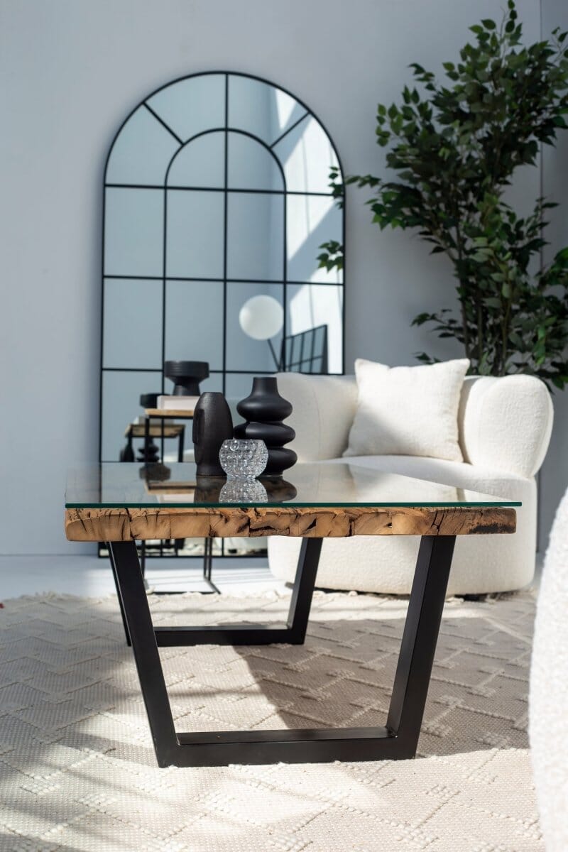 Railway Wood Top Coffee Table with Glass Top