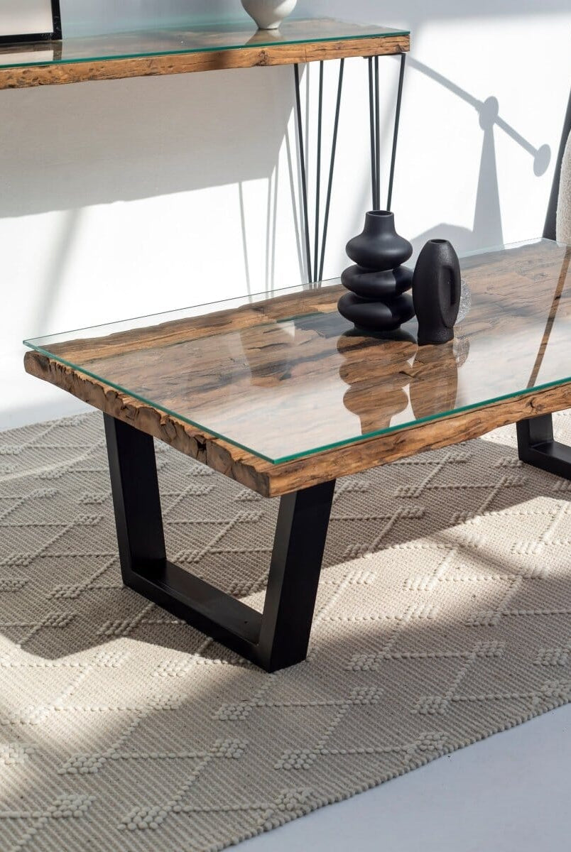 Railway Wood Top Coffee Table with Glass Top