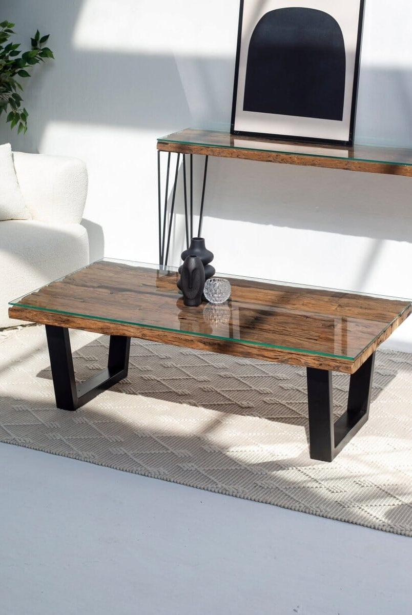 Railway Wood Top Coffee Table with Glass Top