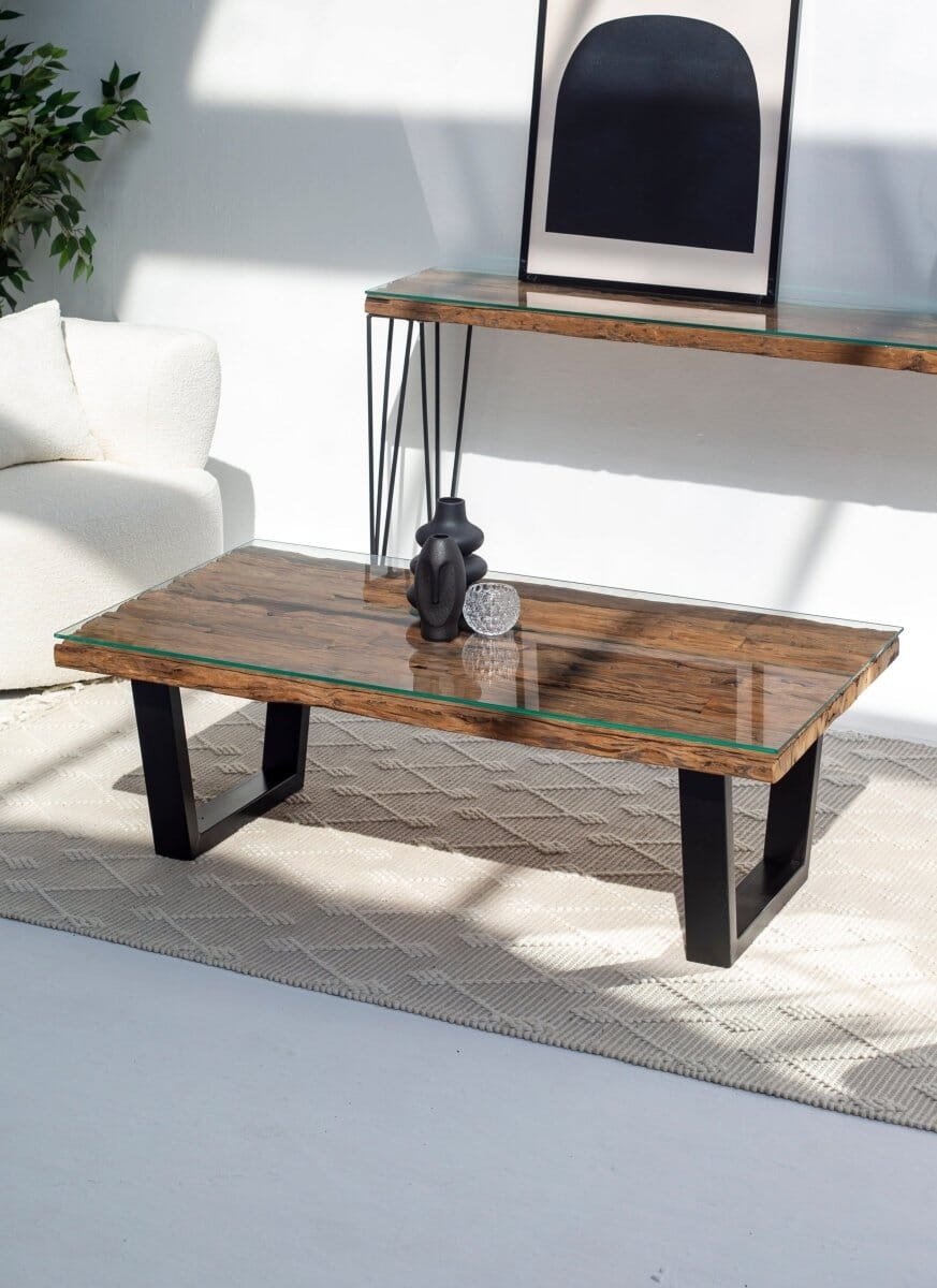 Railway Wood Top Coffee Table with Glass Top