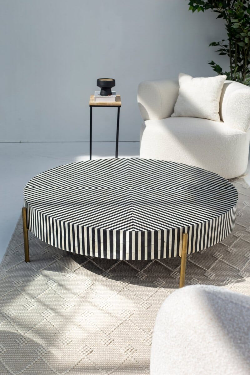 Bone Inlay Round Modern Striped Pattern Handmade Coffee Table (2 Size) Coffee Tables