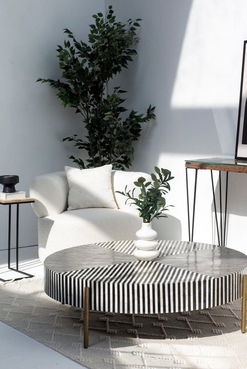 Bone Inlay Round Modern Striped Pattern Handmade Coffee Table (2 Size) Coffee Tables