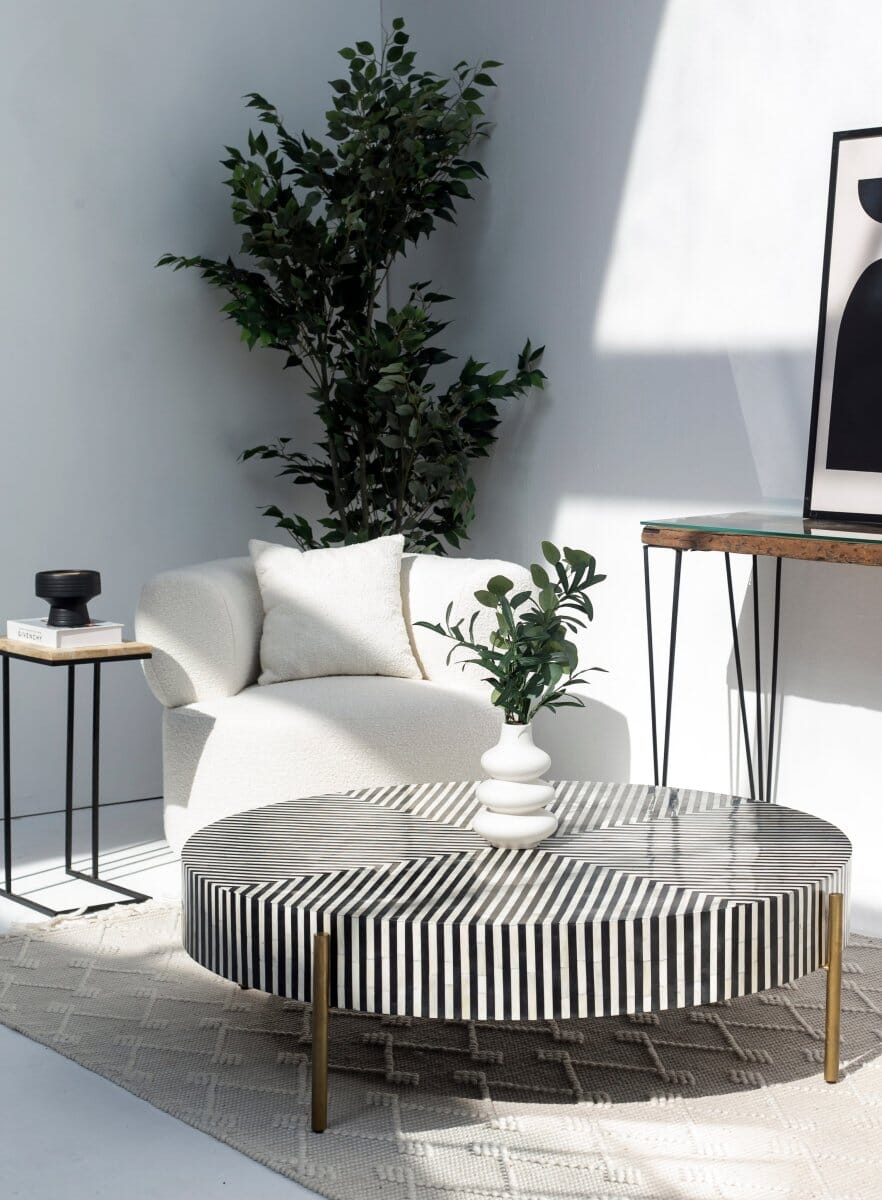 Bone Inlay Round Modern Striped Pattern Handmade Coffee Table (2 Size) Coffee Tables