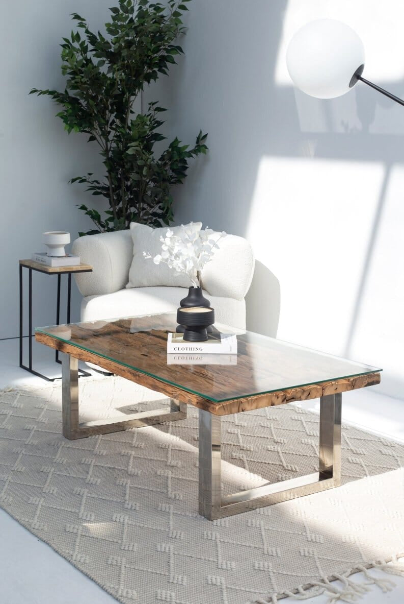 Railway Wood Top Coffee Table with Glass Top (2 Sizes)