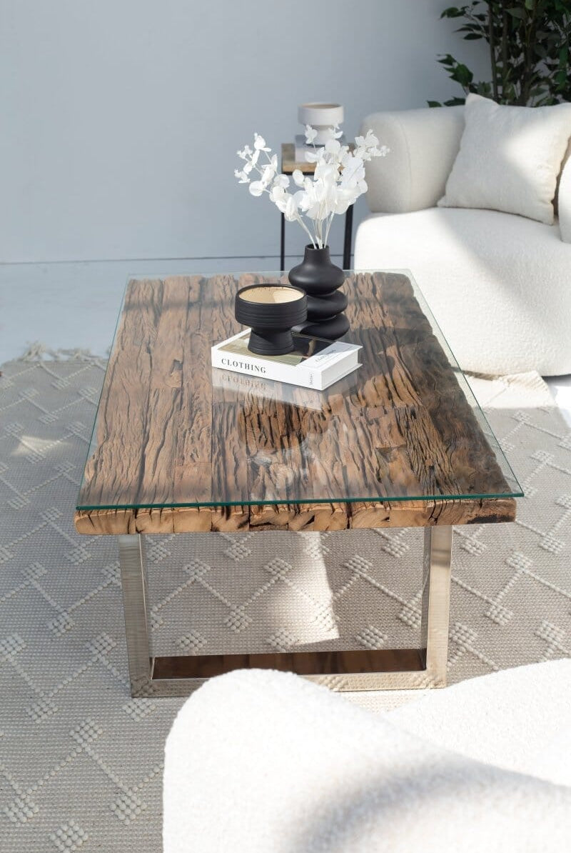 Railway Wood Top Coffee Table with Glass Top